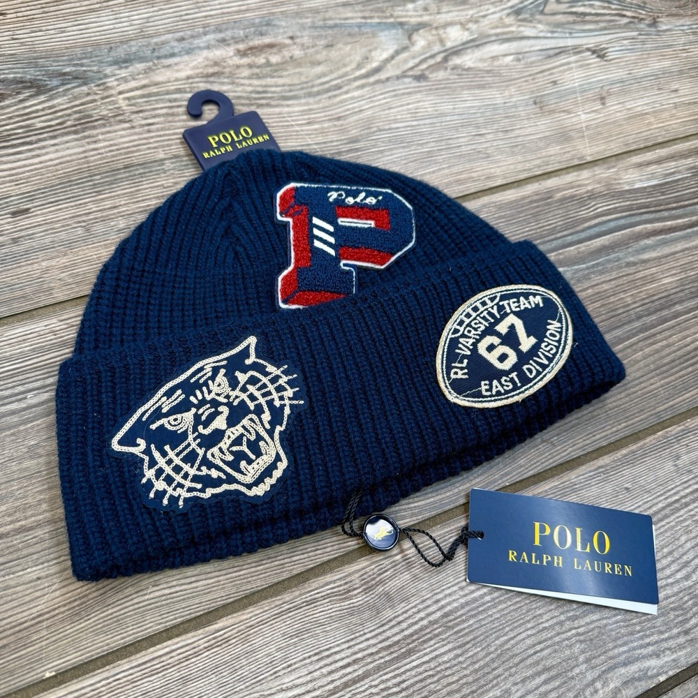 Polo Ralph Lauren Multi Patch P Varsity Tiger Knit Beanie Hat Navy Cap‎ NWT
